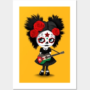 Sugar Skull Girl Playing Jordanian Flag Guitar Posters and Art